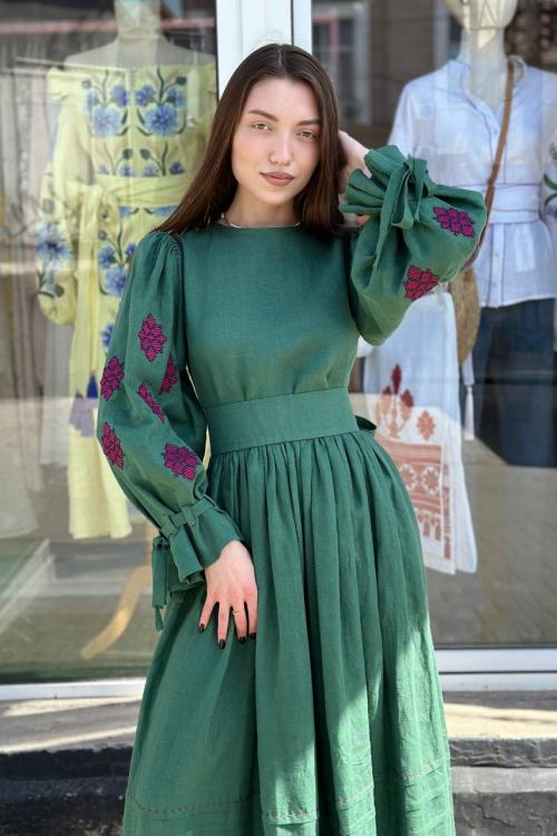 Green embroidered dress made of linen Memories EMBROIDERED GEM