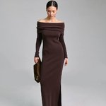 Knitted chocolate dress with open shoulders