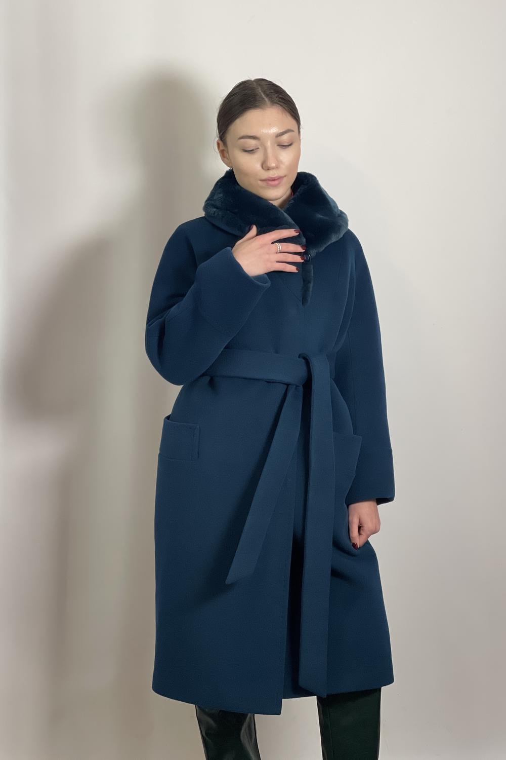 Пальто жіноче зимове вовняне смарагдове Mirella moda з натуральним хутром РЕКС