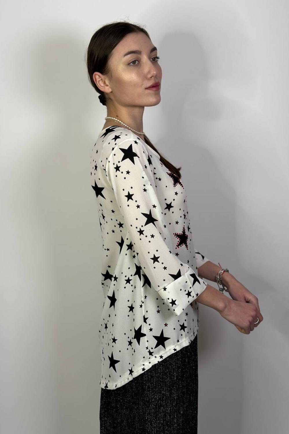 Blouse is printed with red rhinestones